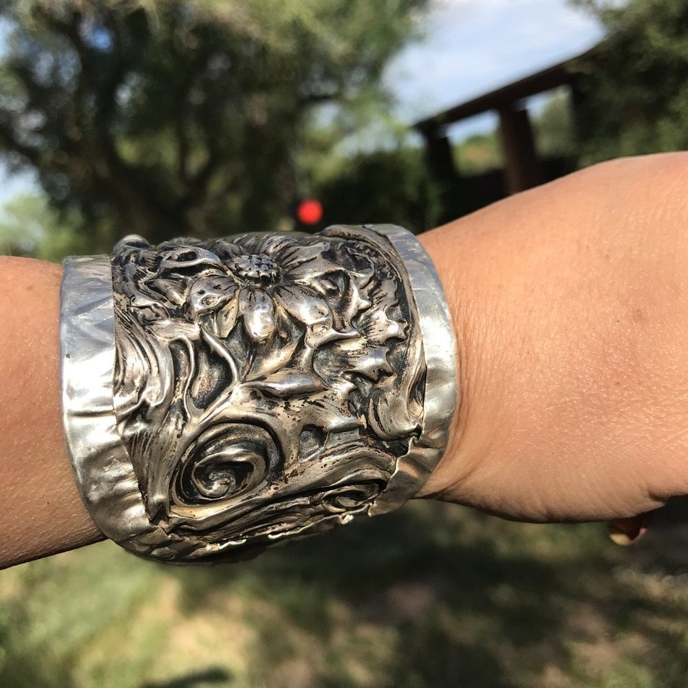 Antique Art Nouveau American Beauty Sterling Silver 925 Cuff Bracelet Lady Face - Picture 9 of 13